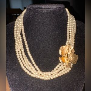 Vintage Crown Trifari Faux 5 strand pearl gold tone poppy flower necklace 15”